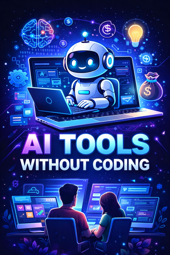 Best AI tools for software development without coding for beginners – AI robot using laptop to build software with no-code platforms in 2025