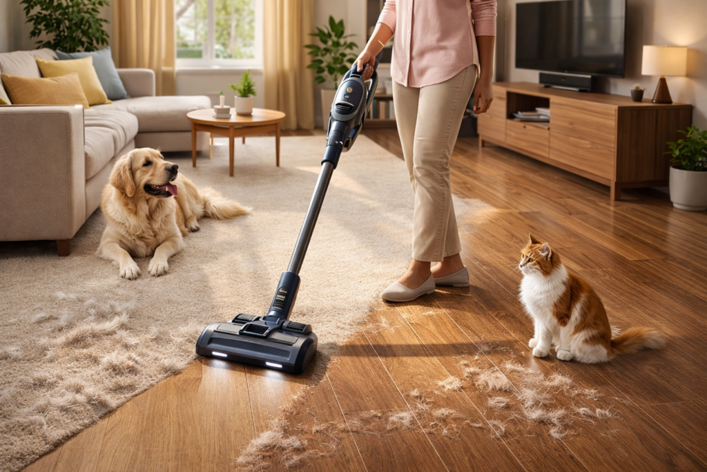 best vacuum cleaner for pet hair on carpet and hardwood floors cleaning dog and cat hair in a modern home