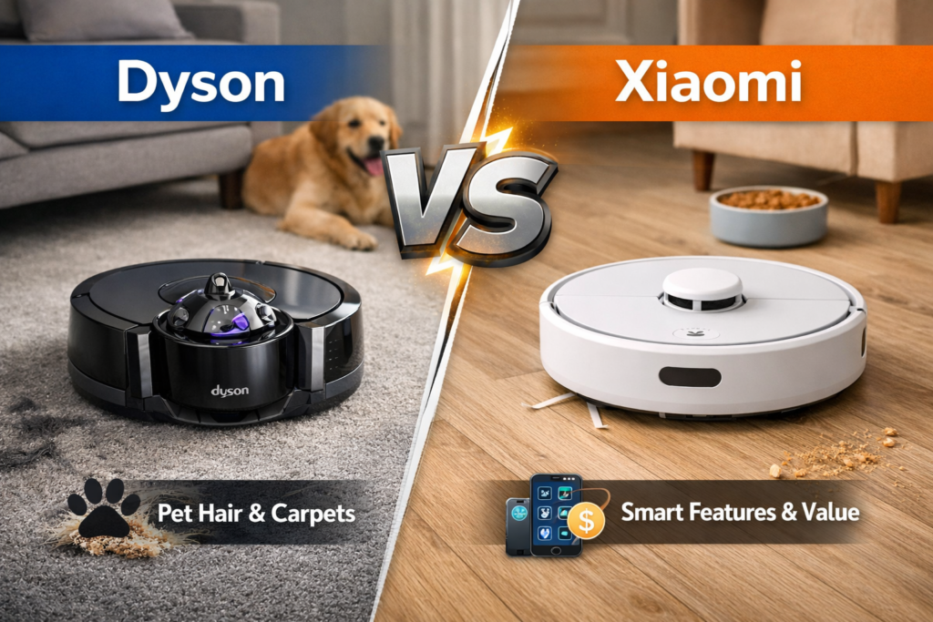 Dyson vs Xiaomi robot vacuum comparison showing cleaning performance on carpet and hard floor