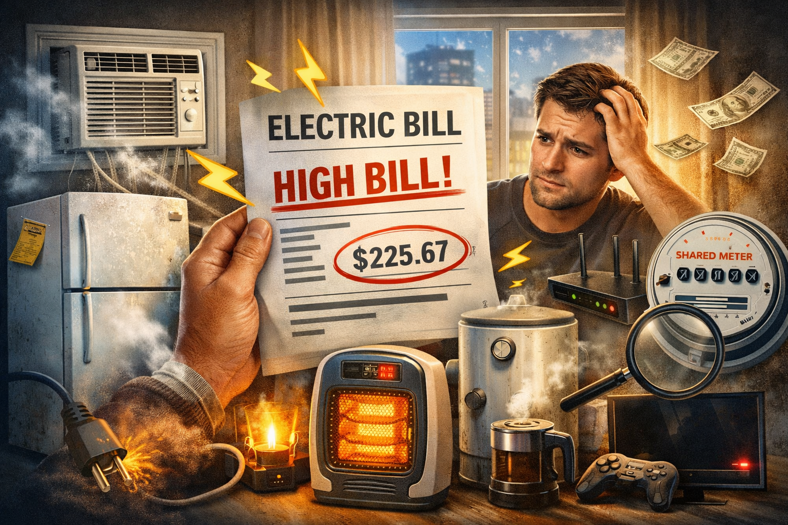 Why is my electric bill so high in my apartment – renter shocked by high electricity bill with AC, heater, fridge and electric meter shown
