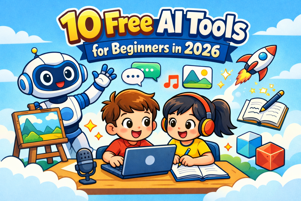 10 Free AI Tools for Beginners In 2026 10 Free AI Tools for Beginners in 2026 cartoon illustration showing AI tools for content creation, video, writing and design