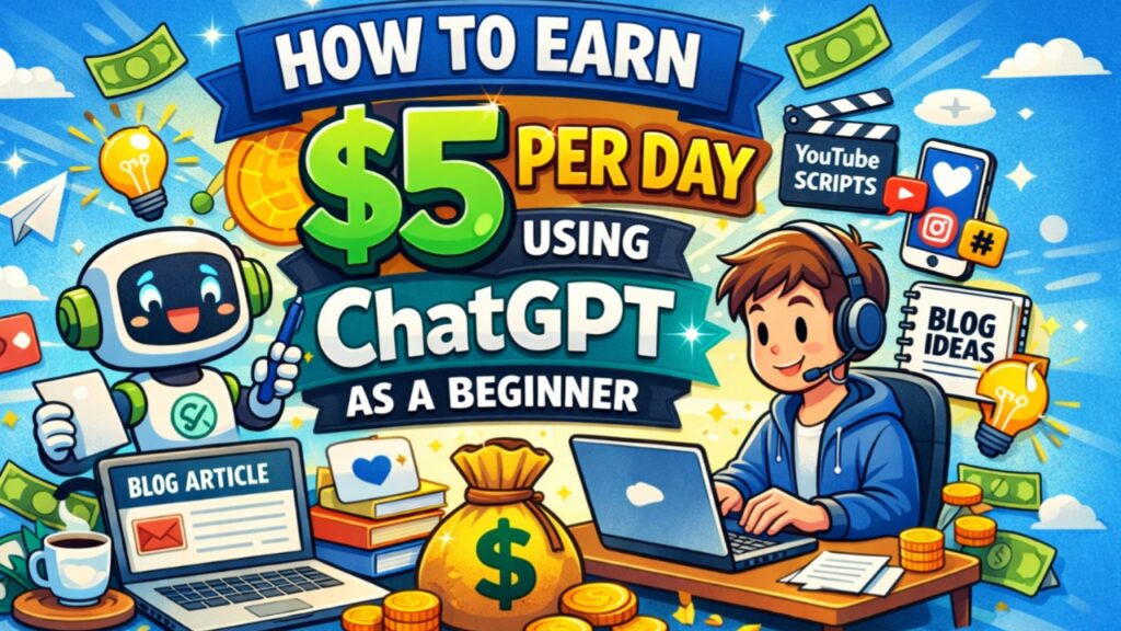 How to earn $5 per day using ChatGPT as a beginner illustration showing AI content creation and freelancing work