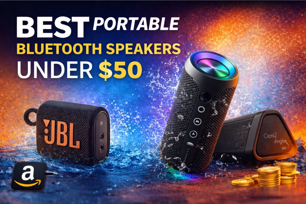 file Best portable Bluetooth speakers under $50 with powerful bass, waterproof design and long battery life – budget wireless speakers for travel and outdoor music.
