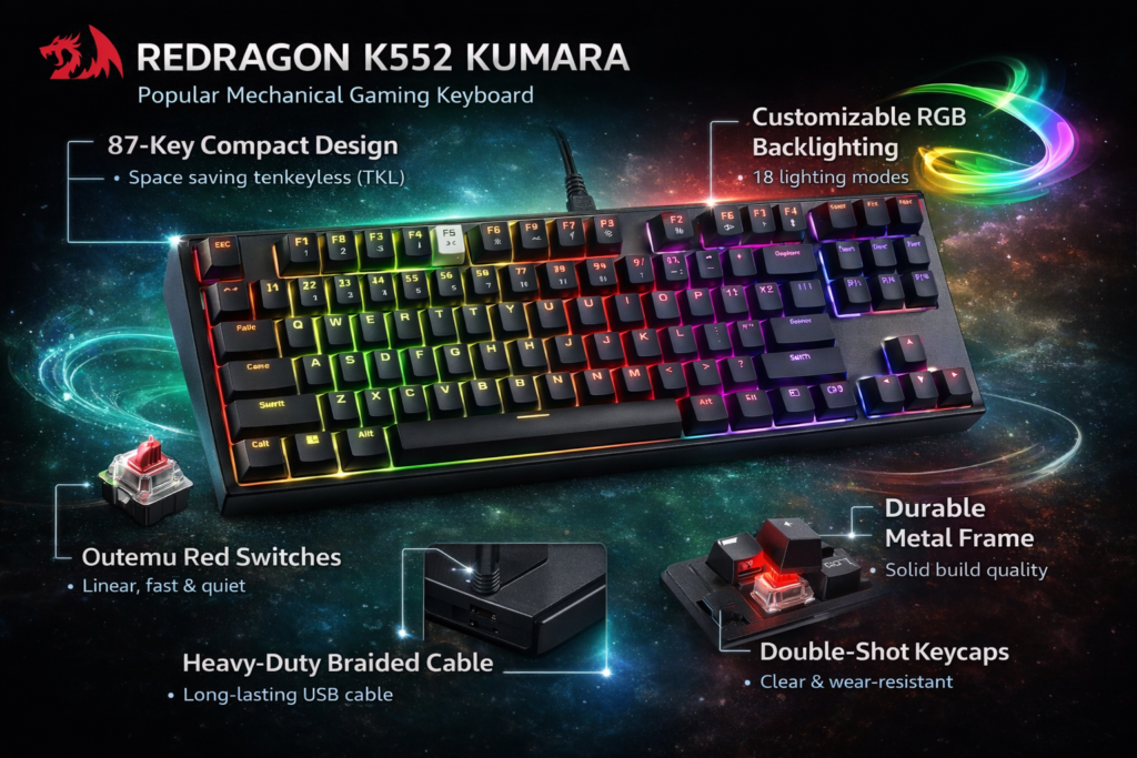 Redragon K552 Kumara mechanical gaming keyboard features RGB lighting red switches TKL design