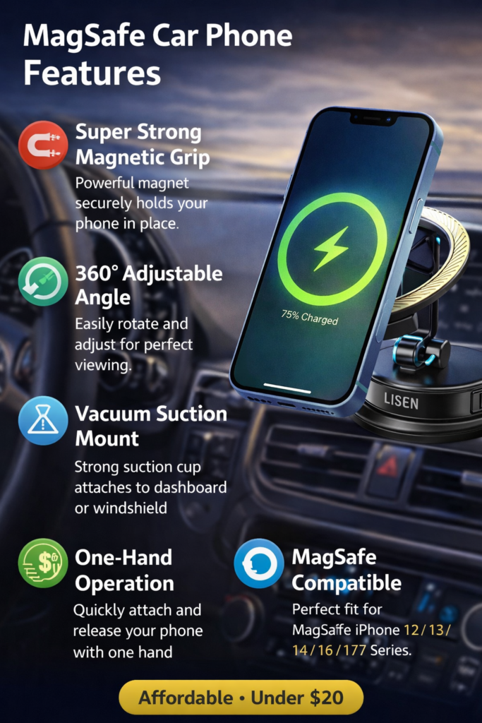 LISEN magnetic car phone holder with strong magnet and 360 rotation