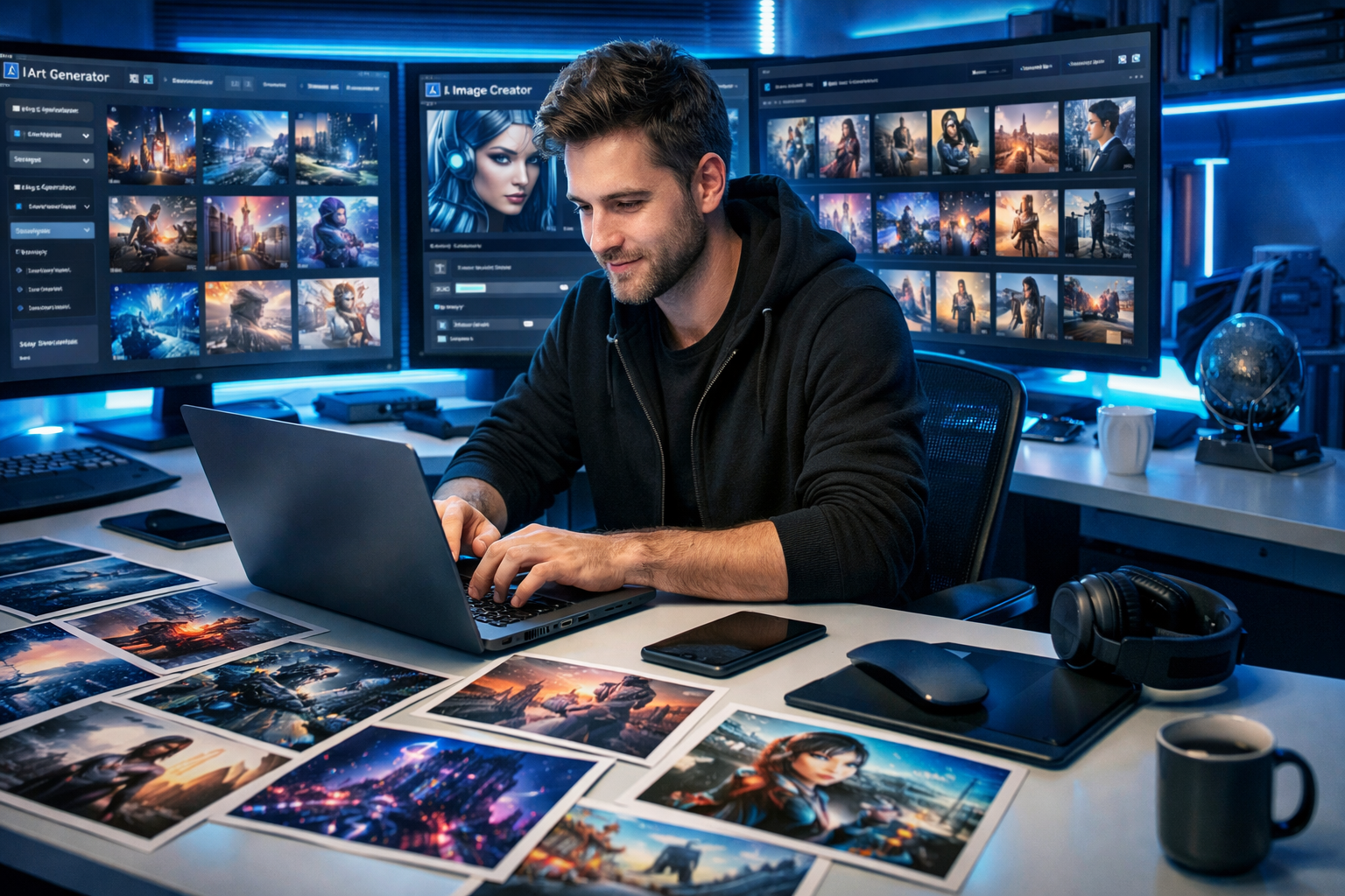 best-free-ai-image-generators-for-bloggers modern tech blogger using AI image generator tools on multiple screens in futuristic workspace