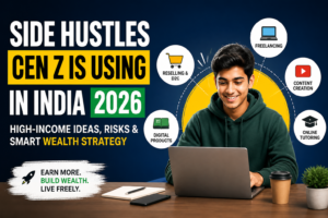 Side hustles India 2026 illustration showing Gen Z earning online through freelancing, content creation, digital products and reselling with high income ideas.