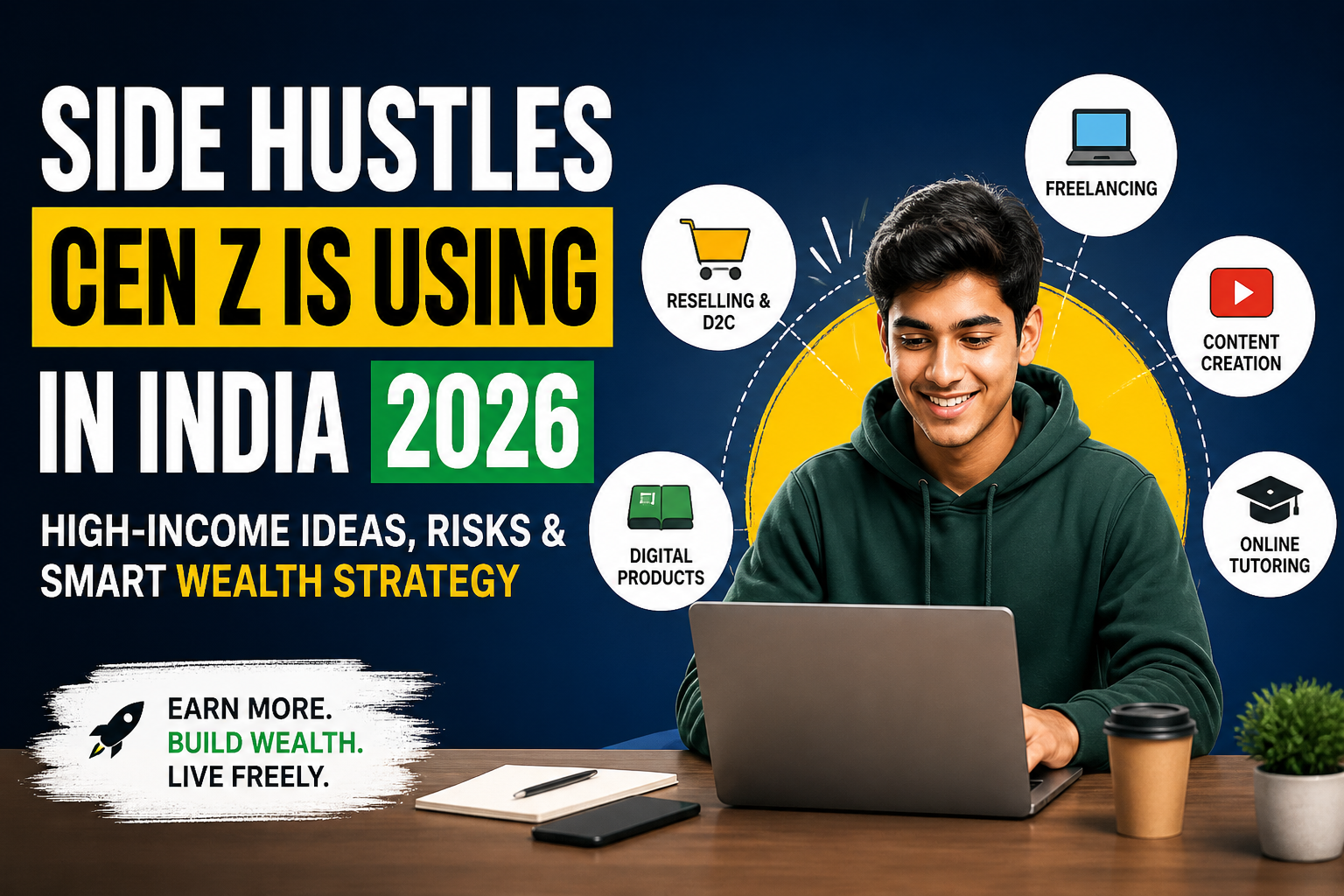 Side hustles India 2026 illustration showing Gen Z earning online through freelancing, content creation, digital products and reselling with high income ideas.