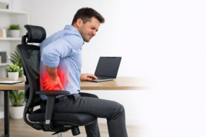 Best ergonomic office chair for back pain with lumbar support, man sitting and holding lower back pain in modern office workspace