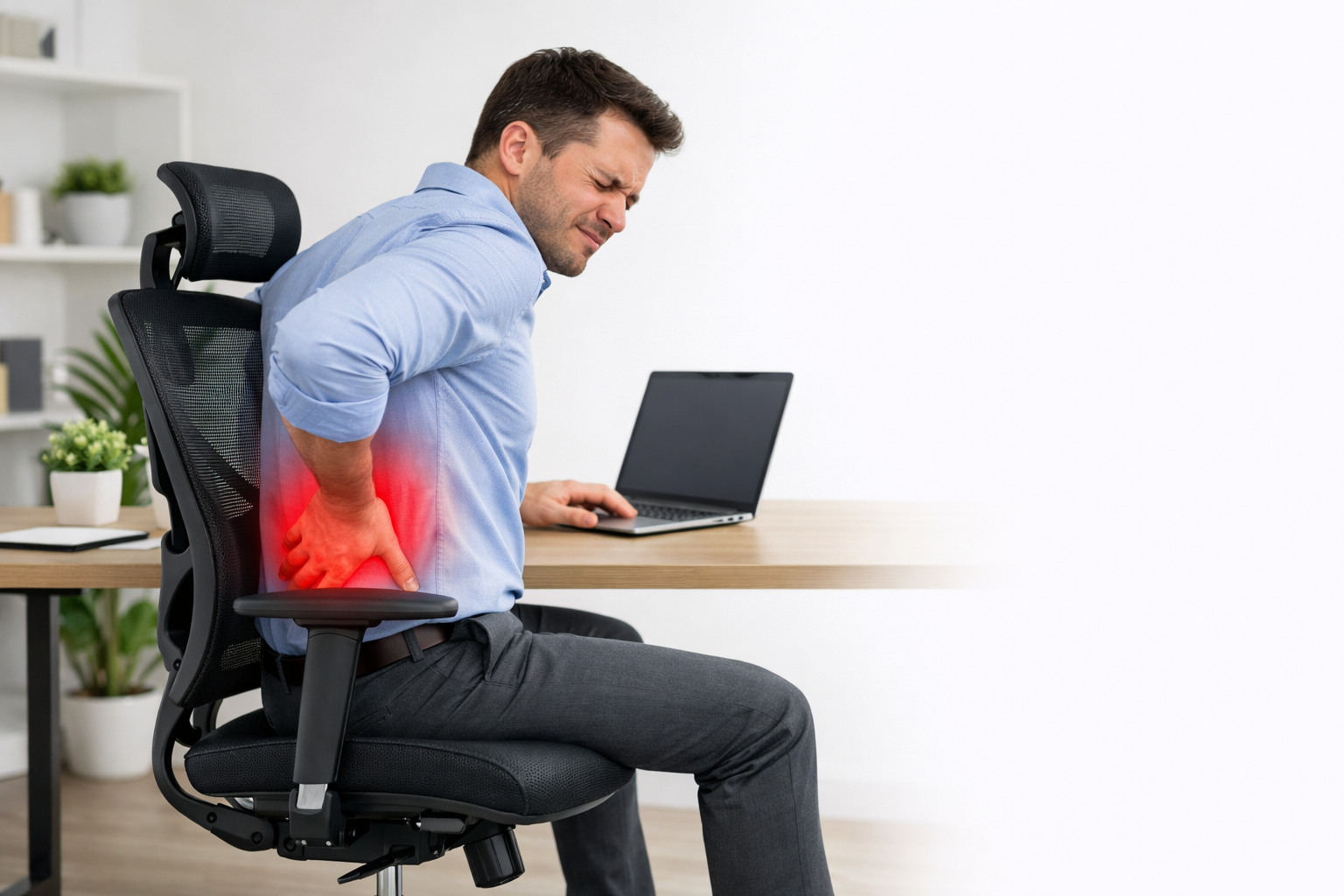 Best ergonomic office chair for back pain with lumbar support, man sitting and holding lower back pain in modern office workspace