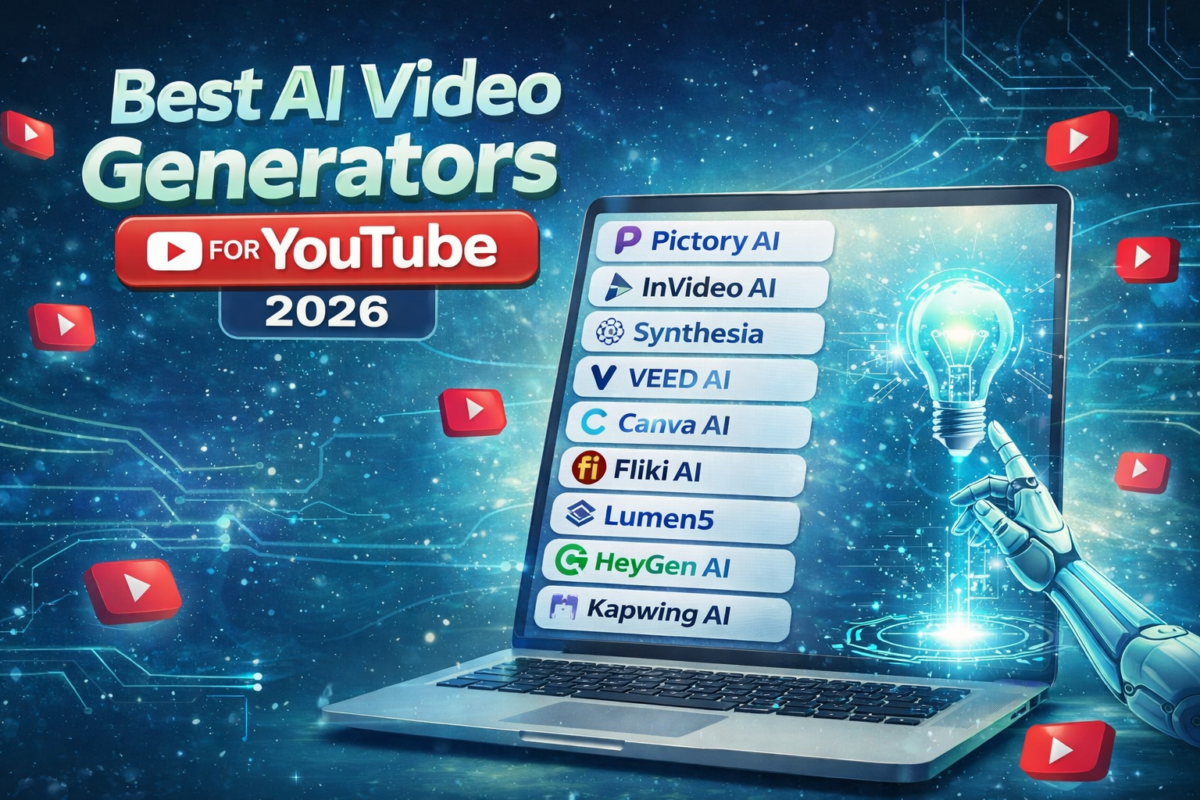 Best AI video generators for YouTube 2026 including Pictory AI, InVideo AI, Synthesia, VEED AI, Canva AI, Fliki AI, Lumen5, HeyGen and Kapwing