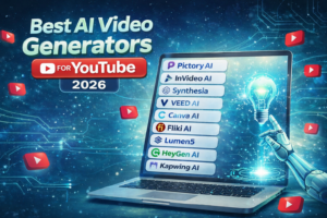 Best AI video generators for YouTube 2026 including Pictory AI, InVideo AI, Synthesia, VEED AI, Canva AI, Fliki AI, Lumen5, HeyGen and Kapwing