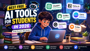 Top Free Best AI Tools for Students in 2026 featuring ChatGPT, Notion AI, Canva, Grammarly, QuillBot, and Scribbr with a student using AI tools for homework, notes, presentations, and productivity.