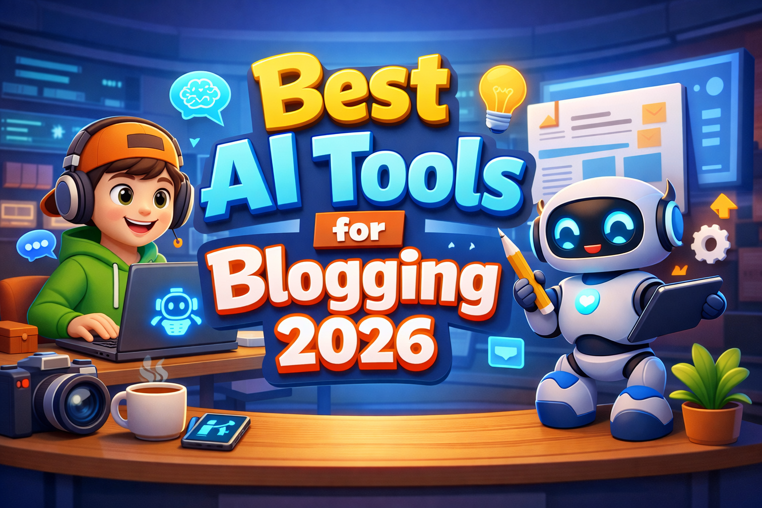 Best AI tools for blogging 2026 illustration showing AI writing, SEO and blogging tools